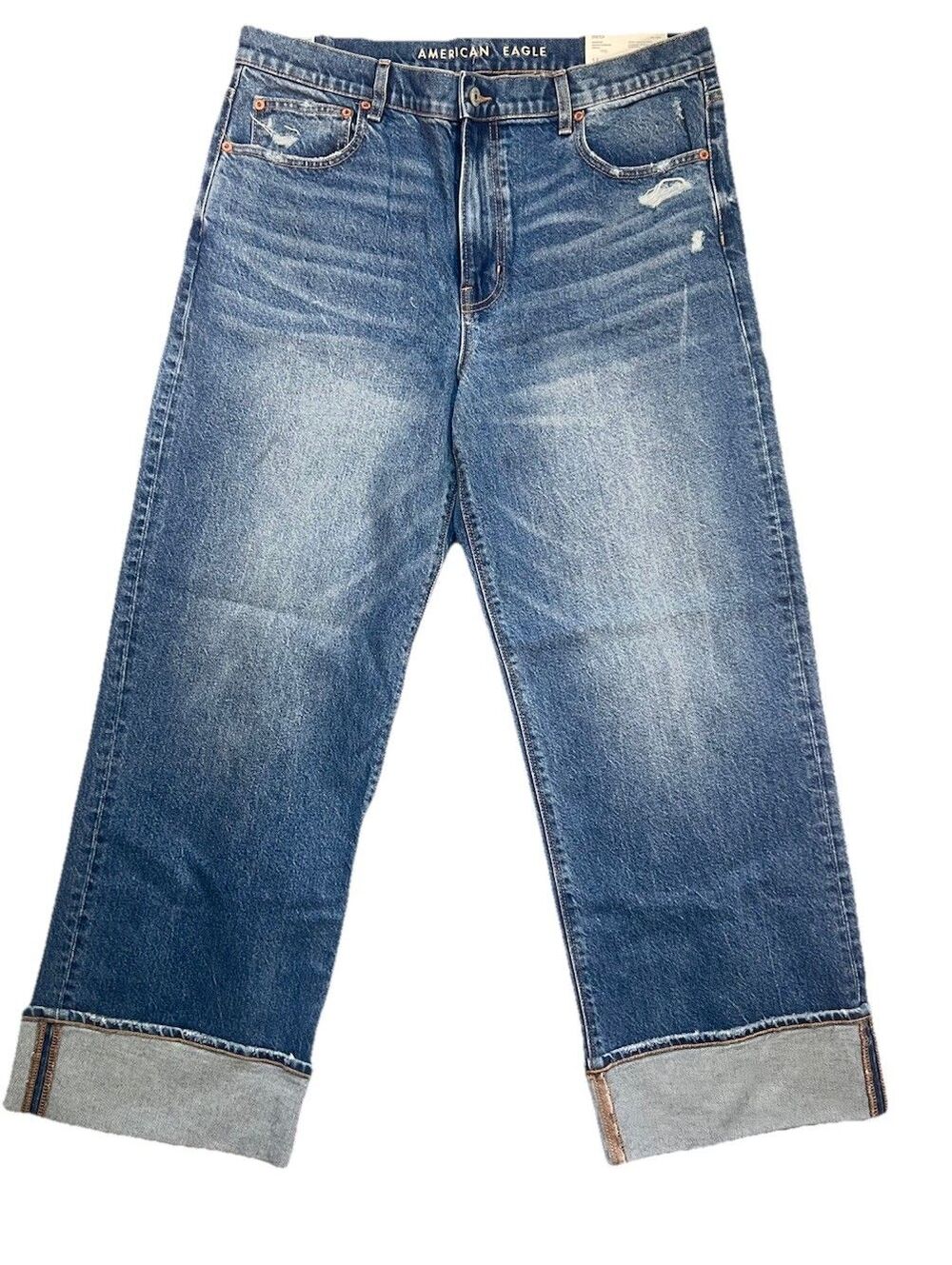 AMERICAN EAGLE Stovepipe cuffed Jeans High Rise Distressed Medium Wash 14 Short